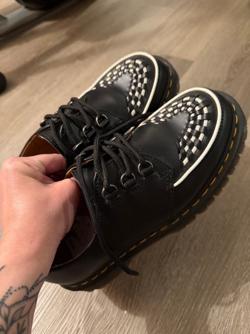 Doc Martens Black Woven Toe Lace-Up Shoes with White detailing.
